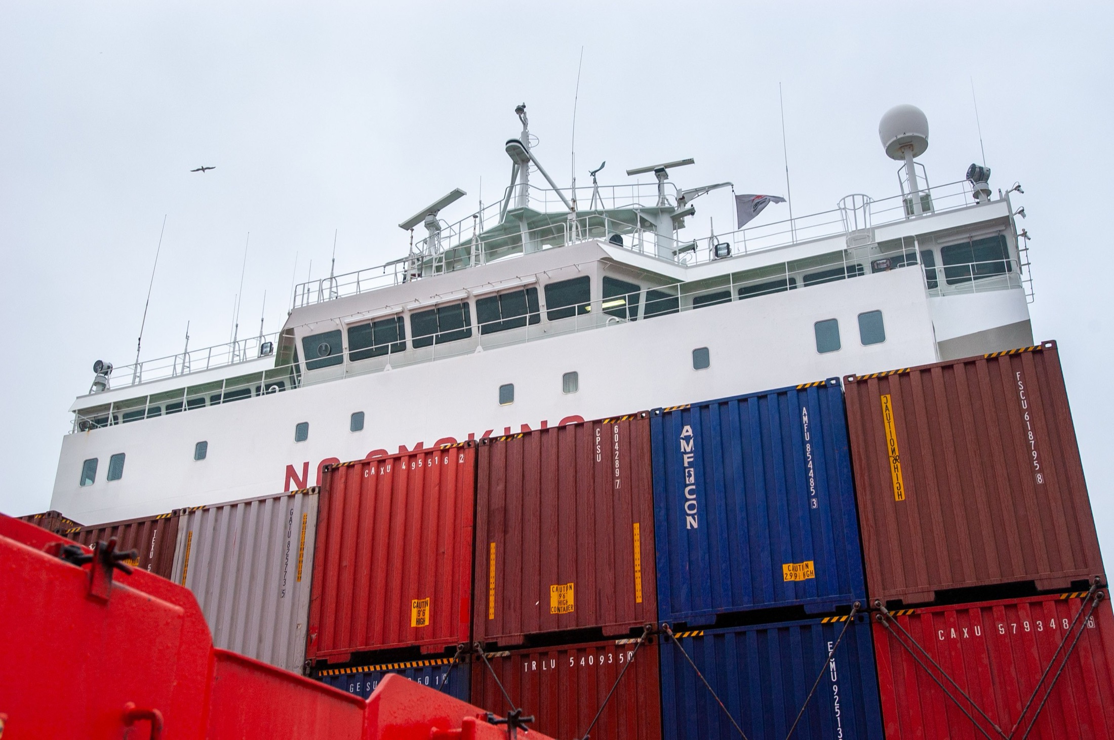 Container vessel and deck equipment close-up
